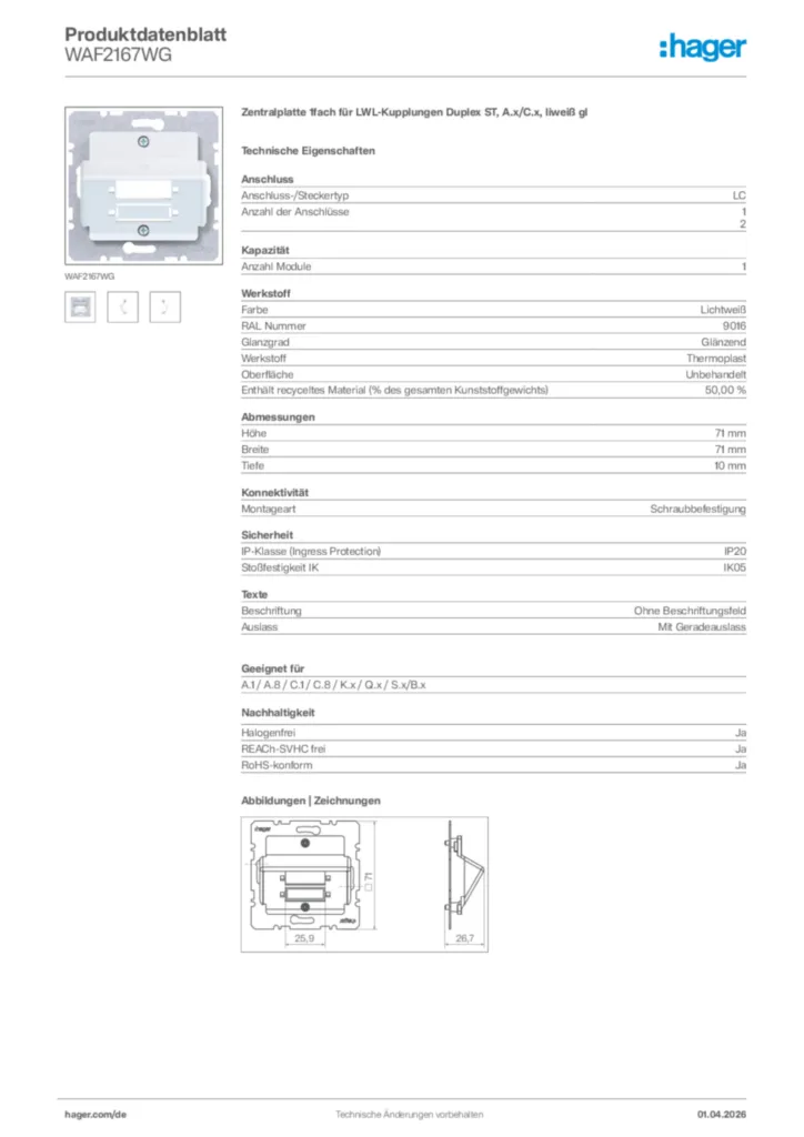 Bild Hager Produktdatenblatt WAF2167WG | Hager Deutschland