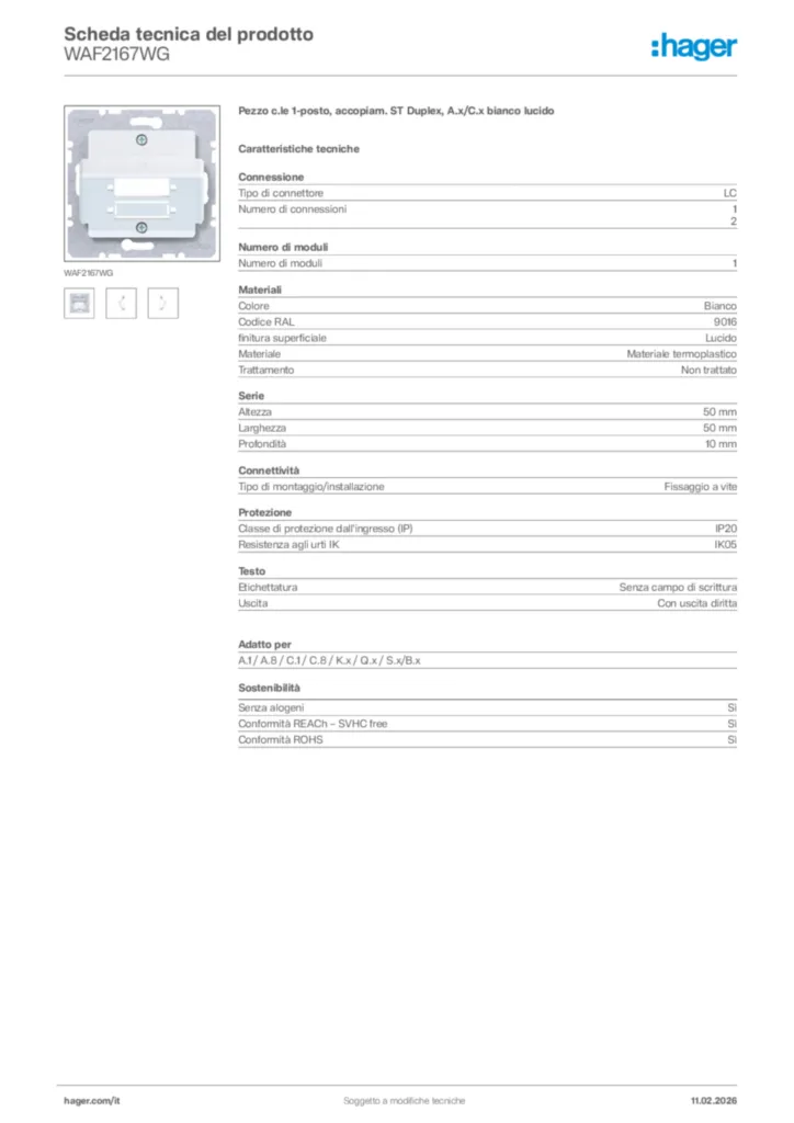 Immagine Hager Scheda tecnica del prodotto WAF2167WG | Hager Italia