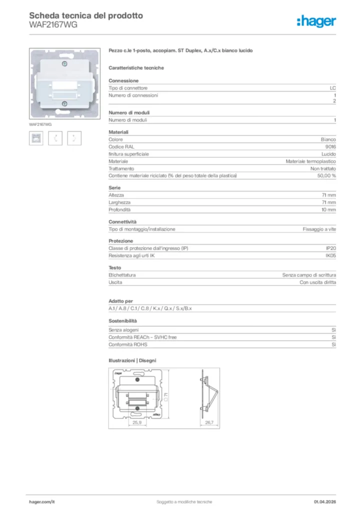 Immagine Hager Scheda tecnica del prodotto WAF2167WG | Hager Italia