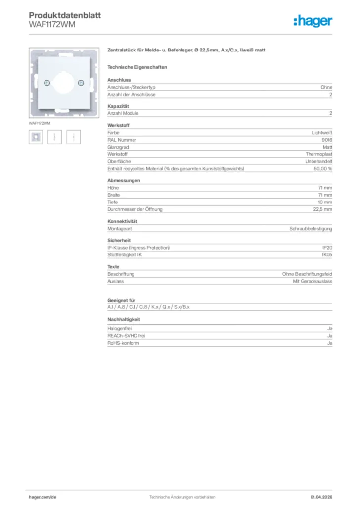 Bild Hager Produktdatenblatt WAF1172WM | Hager Deutschland