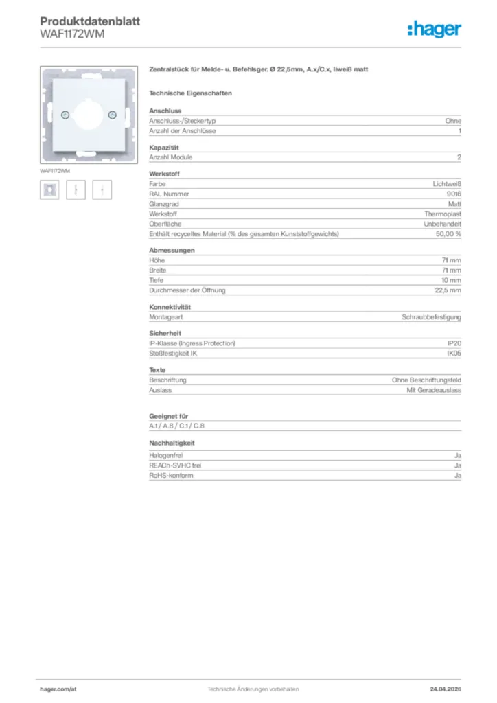 Bild Hager Produktdatenblatt WAF1172WM | Hager Deutschland