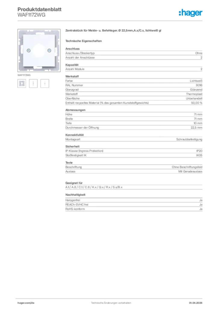Bild Hager Produktdatenblatt WAF1172WG | Hager Deutschland