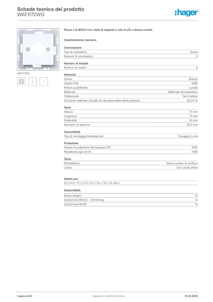 Immagine Hager Scheda tecnica del prodotto WAF1172WG | Hager Italia