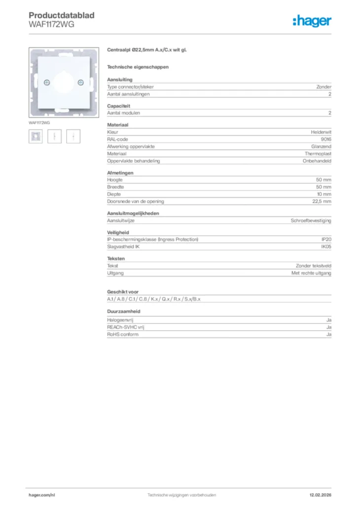 Afbeelding Hager Productdatablad WAF1172WG | Hager Nederland