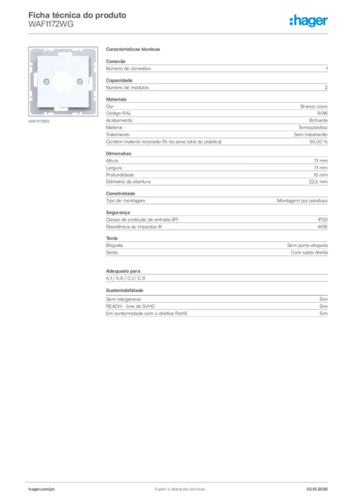 Imagem Hager Ficha técnica do produto WAF1172WG | Hager Portugal