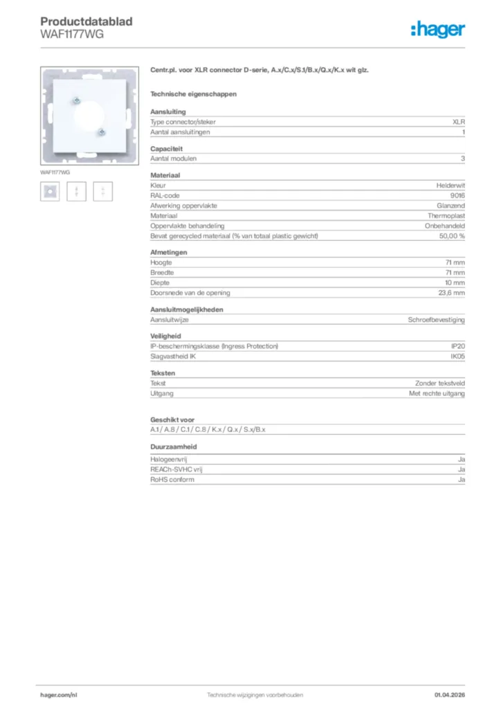 Afbeelding Hager Productdatablad WAF1177WG | Hager Nederland