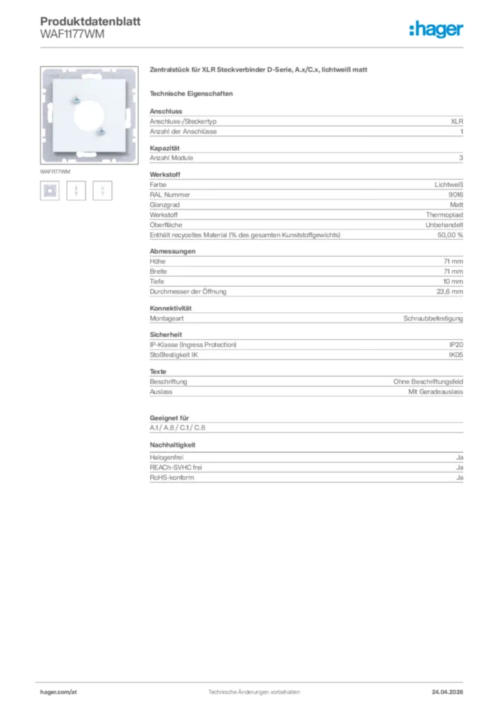 Bild Hager Produktdatenblatt WAF1177WM | Hager Deutschland