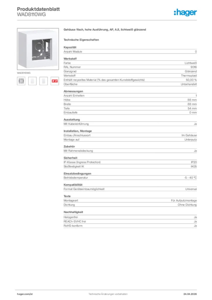 Bild Hager Produktdatenblatt WAD8110WG | Hager Deutschland