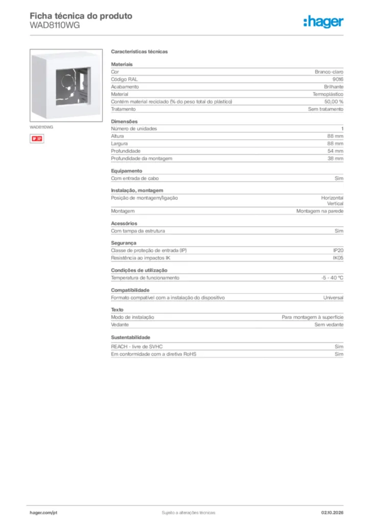Imagem Hager Ficha técnica do produto WAD8110WG | Hager Portugal