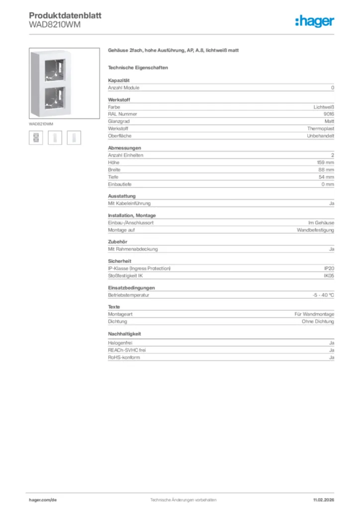 Bild Hager Produktdatenblatt WAD8210WM | Hager Deutschland