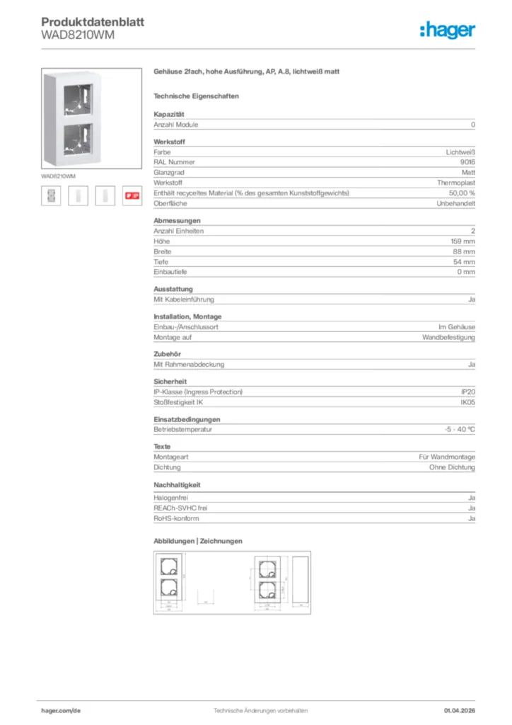 Bild Hager Produktdatenblatt WAD8210WM | Hager Deutschland