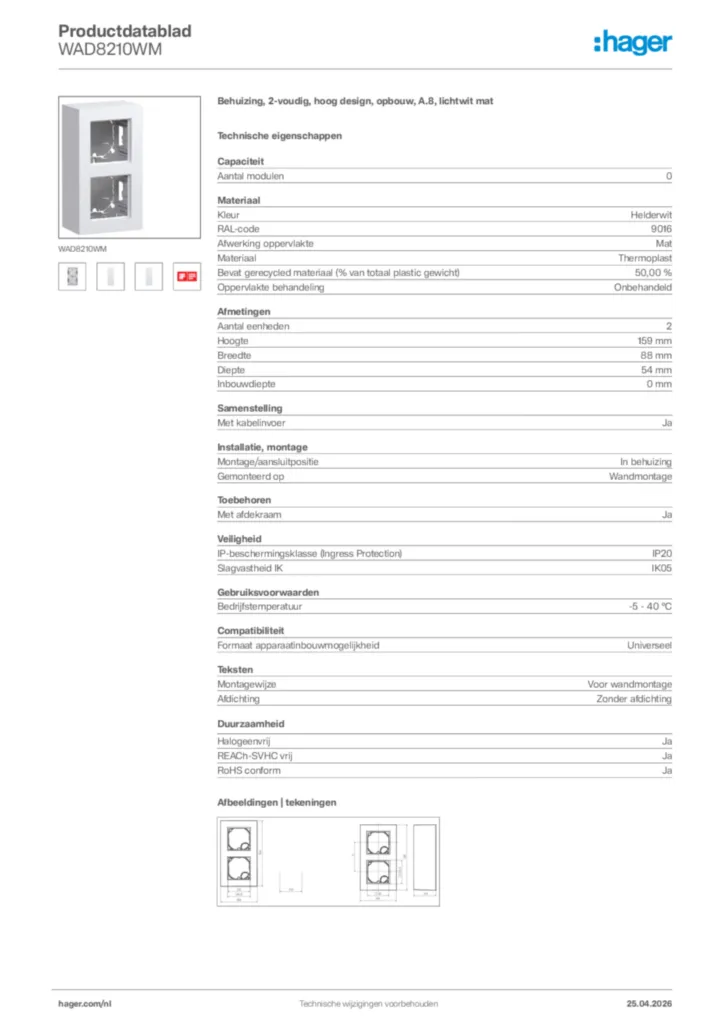 Afbeelding Hager Productdatablad WAD8210WM | Hager Nederland