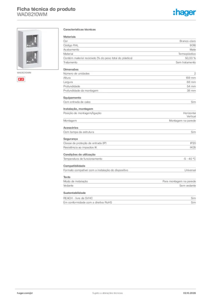 Imagem Hager Ficha técnica do produto WAD8210WM | Hager Portugal