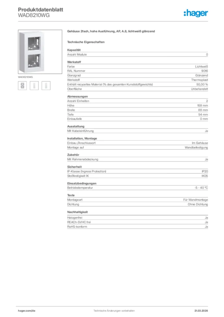 Bild Hager Produktdatenblatt WAD8210WG | Hager Deutschland