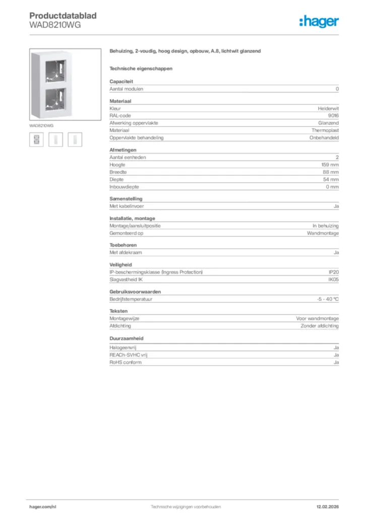 Afbeelding Hager Productdatablad WAD8210WG | Hager Nederland
