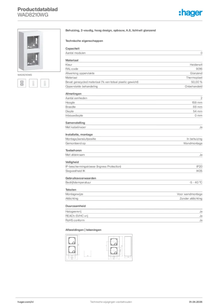 Afbeelding Hager Productdatablad WAD8210WG | Hager Nederland