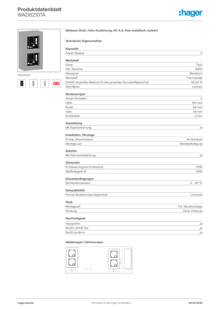 Bild Hager Produktdatenblatt WAD8210TA | Hager Deutschland