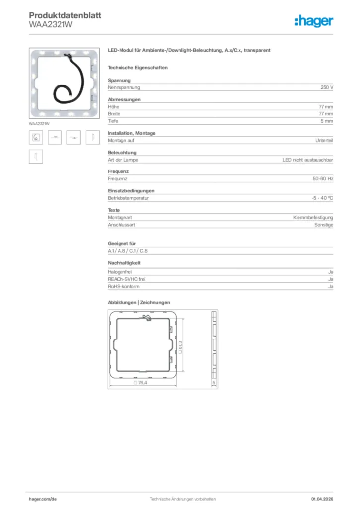 Bild Hager Produktdatenblatt WAA2321W | Hager Deutschland