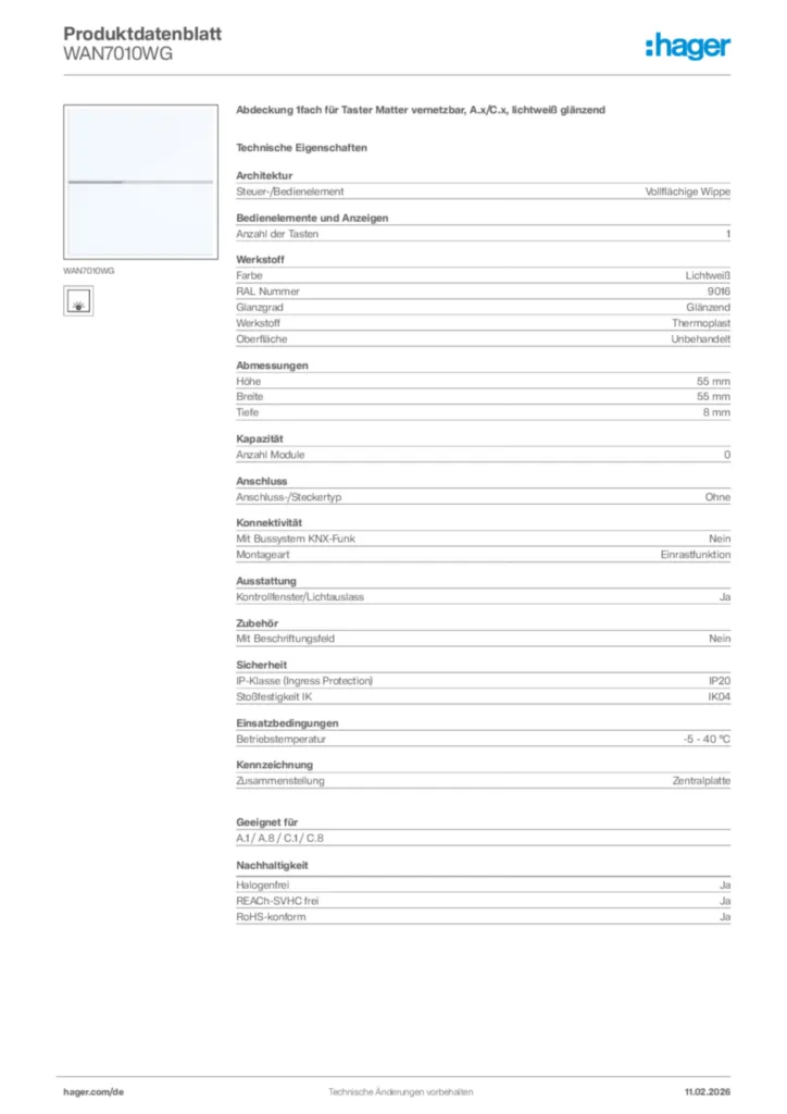 Bild Hager Produktdatenblatt WAN7010WG | Hager Deutschland