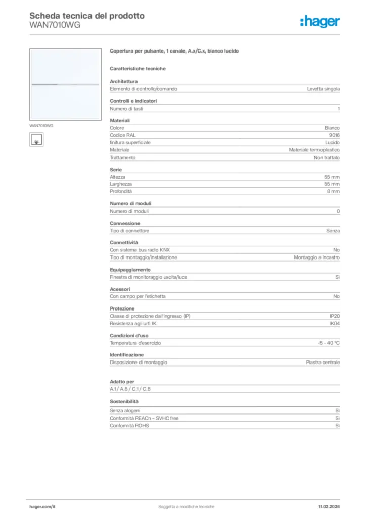Immagine Hager Scheda tecnica del prodotto WAN7010WG | Hager Italia