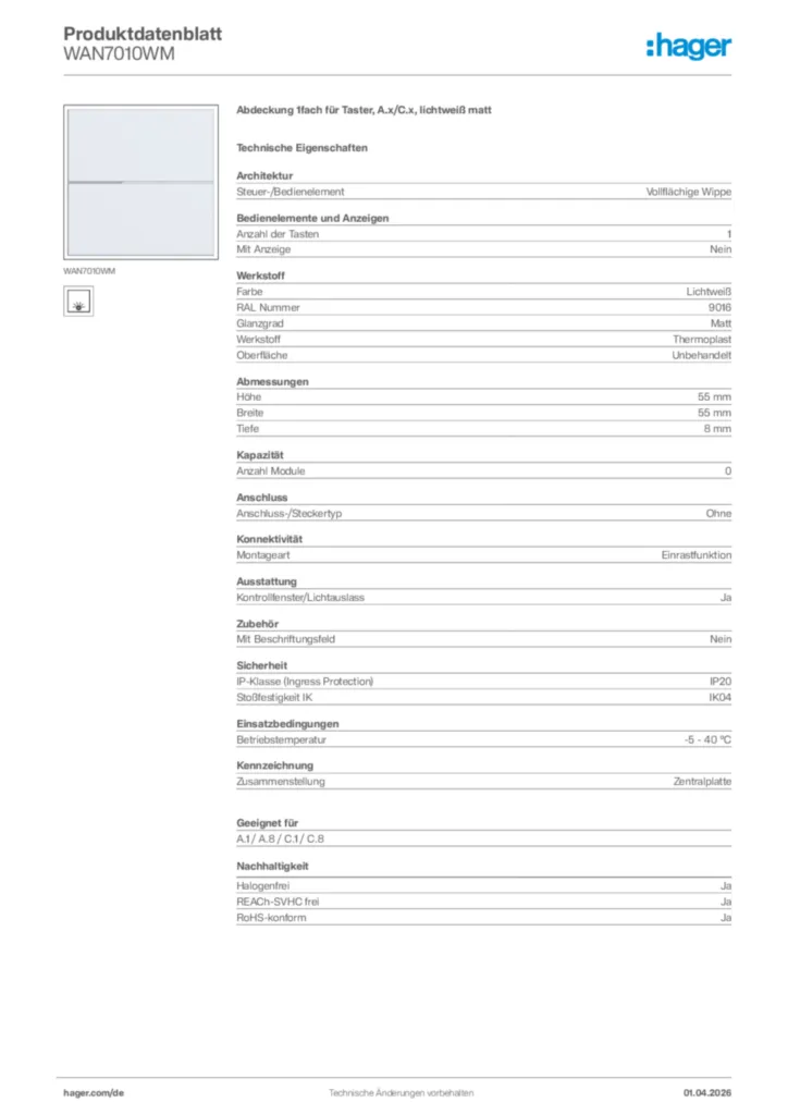 Bild Hager Produktdatenblatt WAN7010WM | Hager Deutschland