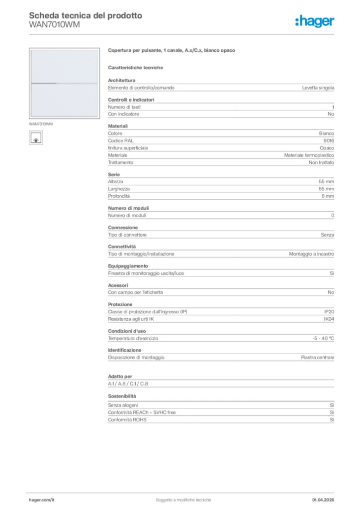 Immagine Hager Scheda tecnica del prodotto WAN7010WM | Hager Italia