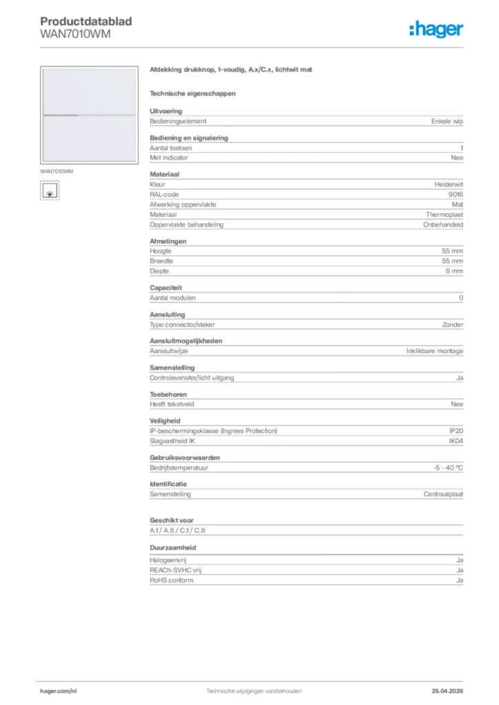 Afbeelding Hager Productdatablad WAN7010WM | Hager Nederland