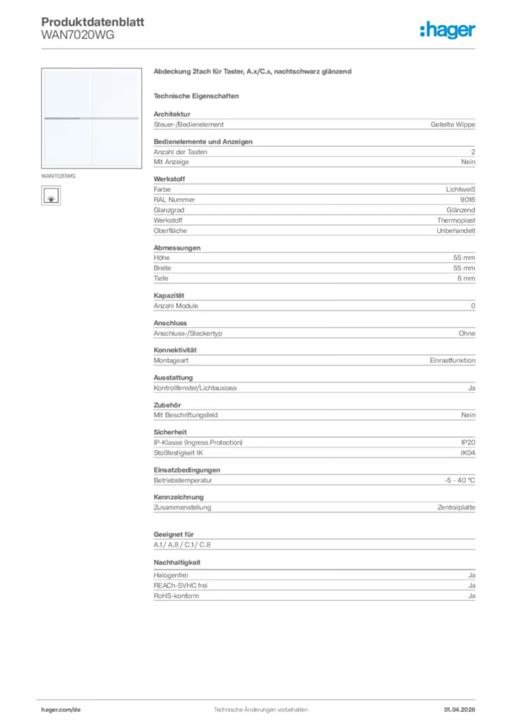 Bild Hager Produktdatenblatt WAN7020WG | Hager Deutschland