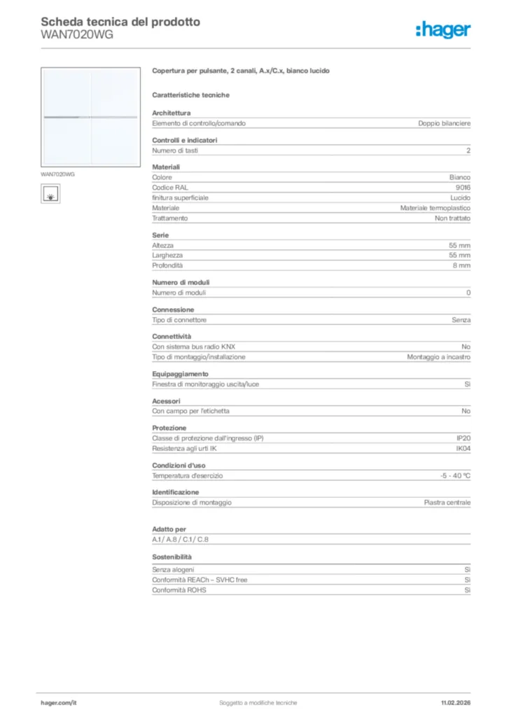 Immagine Hager Scheda tecnica del prodotto WAN7020WG | Hager Italia