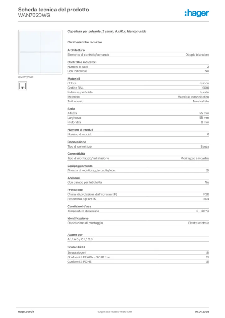 Immagine Hager Scheda tecnica del prodotto WAN7020WG | Hager Italia