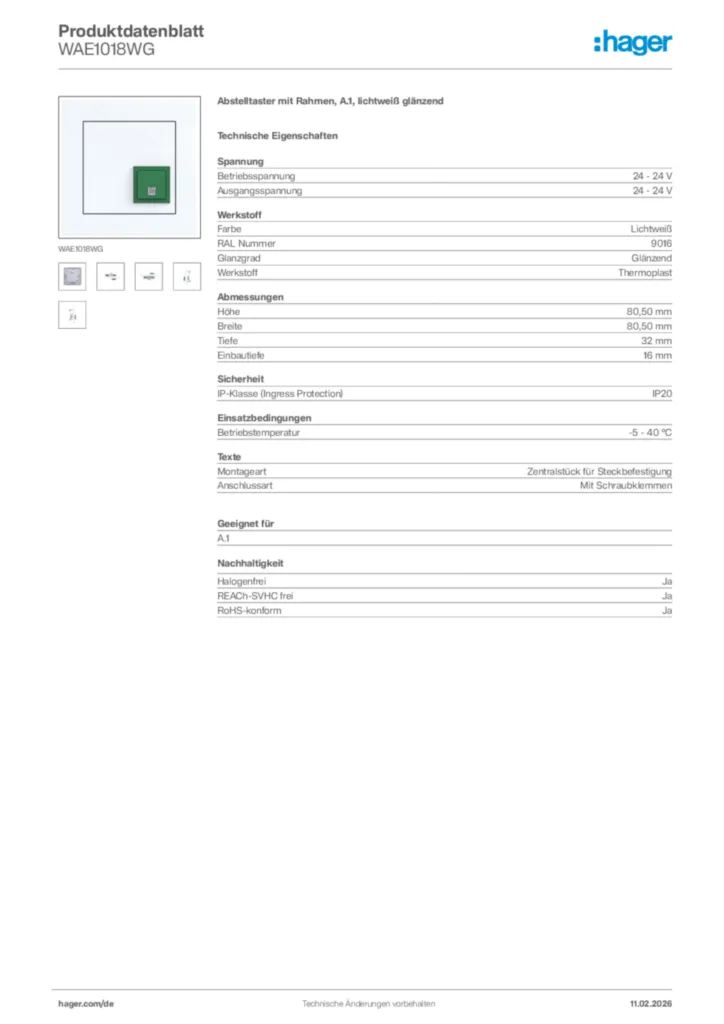 Bild Hager Produktdatenblatt WAE1018WG | Hager Deutschland
