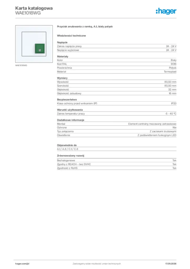 Zdjęcie Hager Karta katalogowa WAE1018WG | Hager Polska