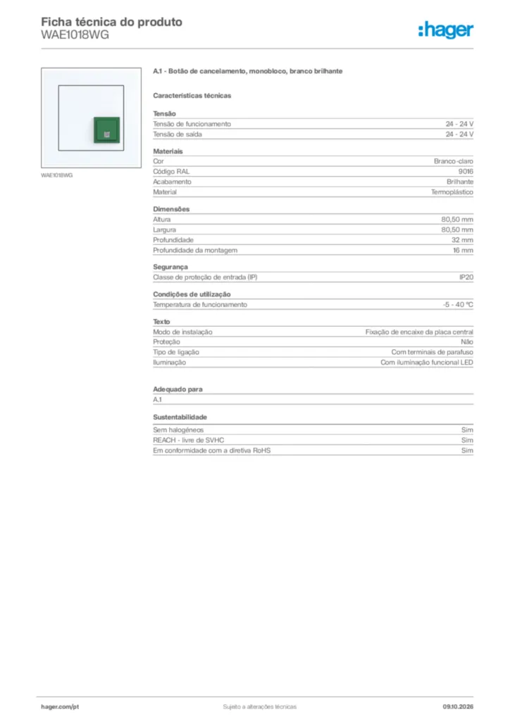 Imagem Hager Ficha técnica do produto WAE1018WG | Hager Portugal