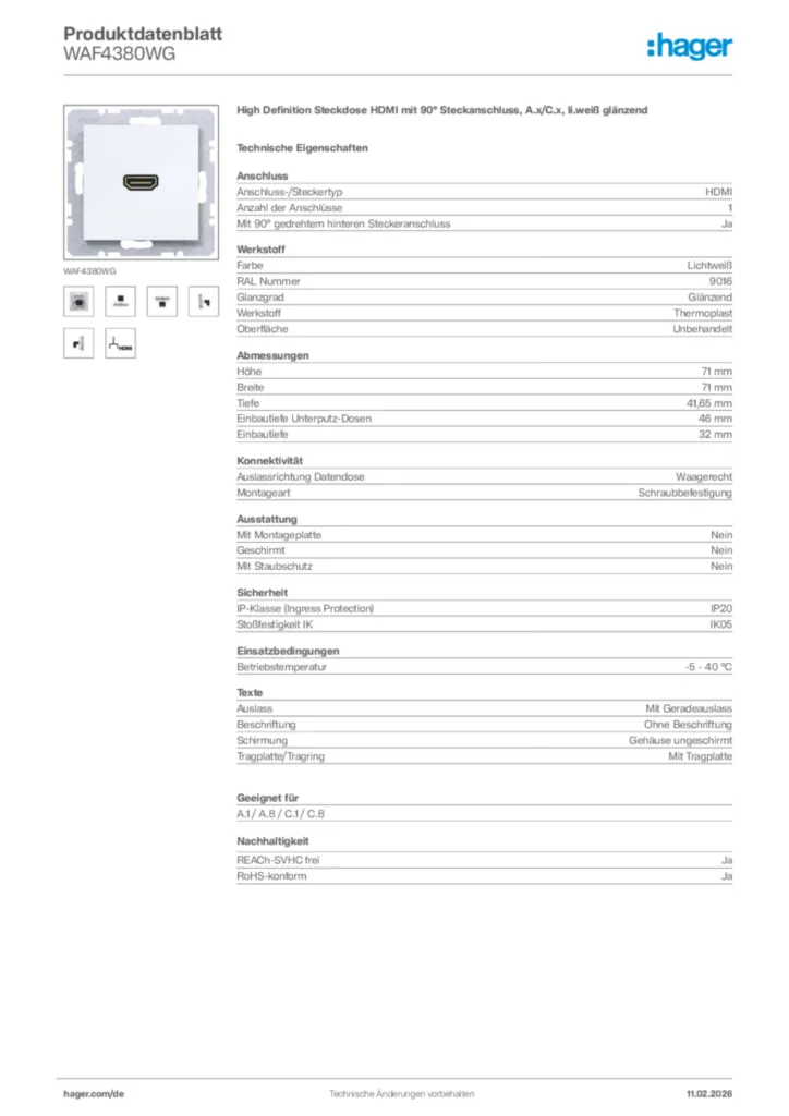 Bild Hager Produktdatenblatt WAF4380WG | Hager Deutschland