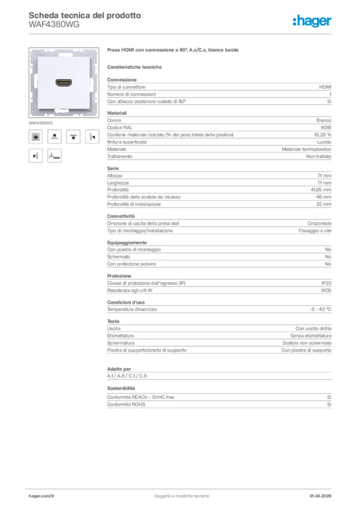 Immagine Hager Scheda tecnica del prodotto WAF4380WG | Hager Italia