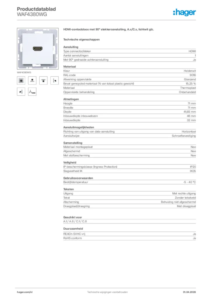 Afbeelding Hager Productdatablad WAF4380WG | Hager Nederland