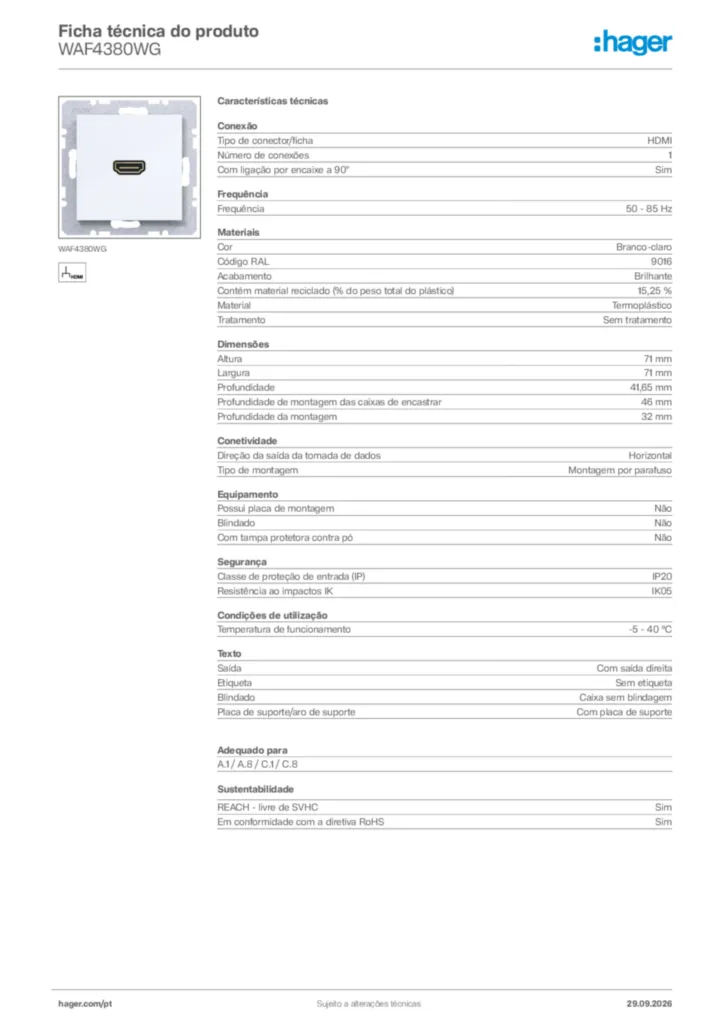 Imagem Hager Ficha técnica do produto WAF4380WG | Hager Portugal