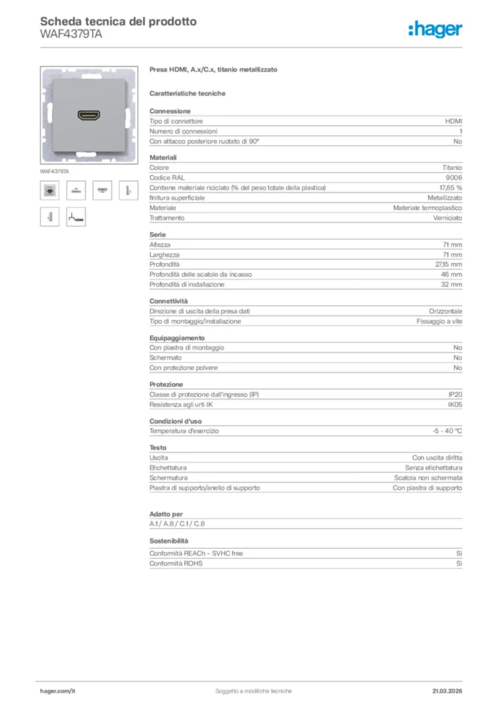 Immagine Hager Scheda tecnica del prodotto WAF4379TA | Hager Italia