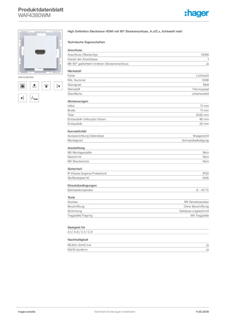 Bild Hager Produktdatenblatt WAF4380WM | Hager Deutschland