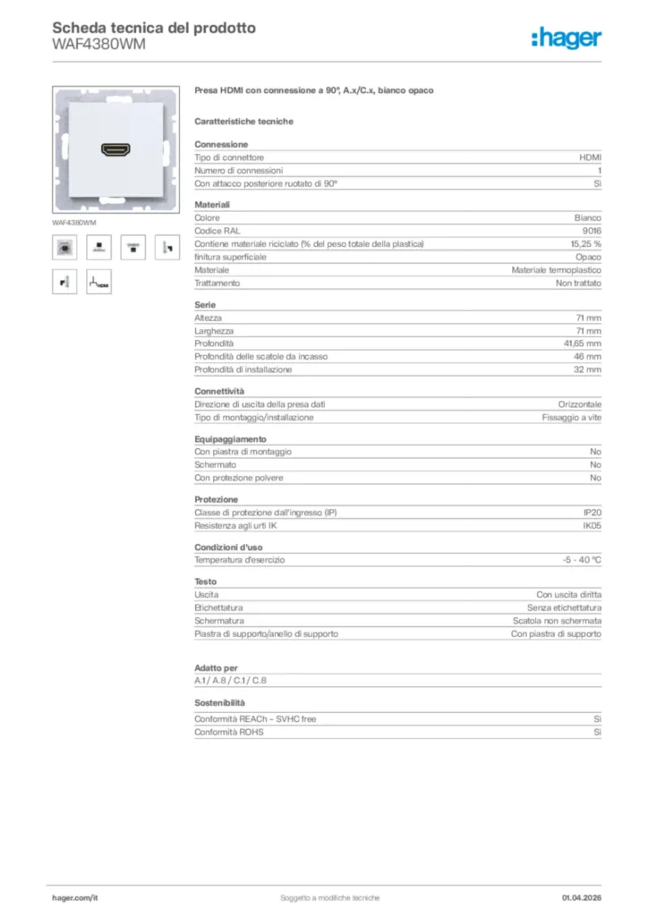 Immagine Hager Scheda tecnica del prodotto WAF4380WM | Hager Italia