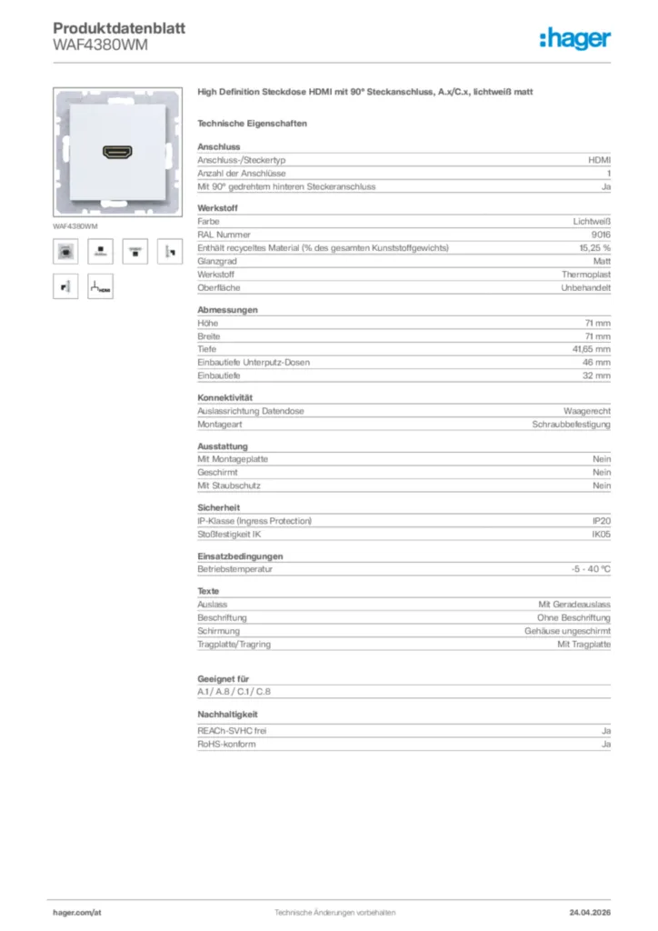 Bild Hager Produktdatenblatt WAF4380WM | Hager Deutschland