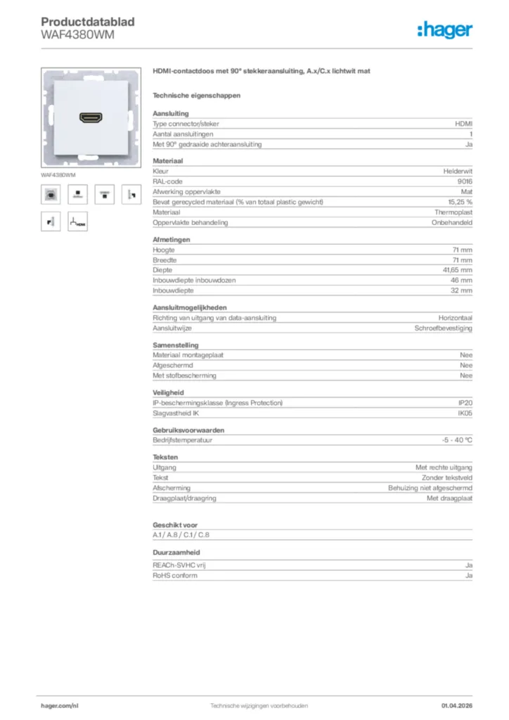 Afbeelding Hager Productdatablad WAF4380WM | Hager Nederland