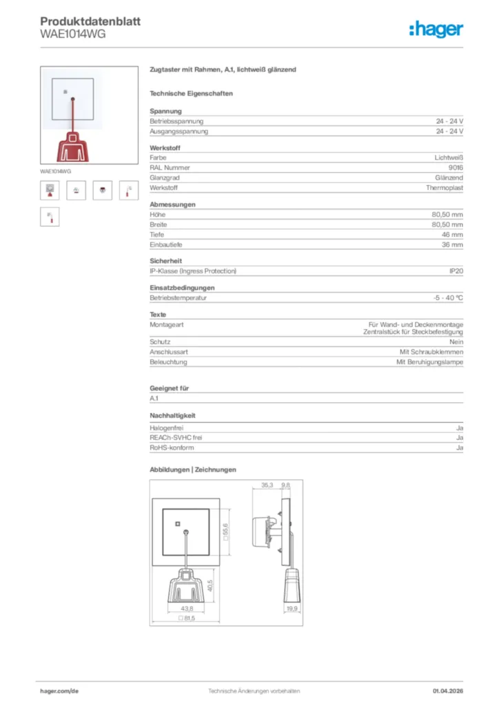 Bild Hager Produktdatenblatt WAE1014WG | Hager Deutschland