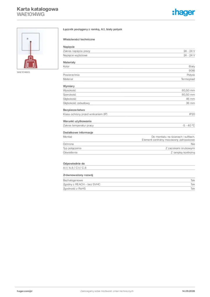 Zdjęcie Hager Karta katalogowa WAE1014WG | Hager Polska