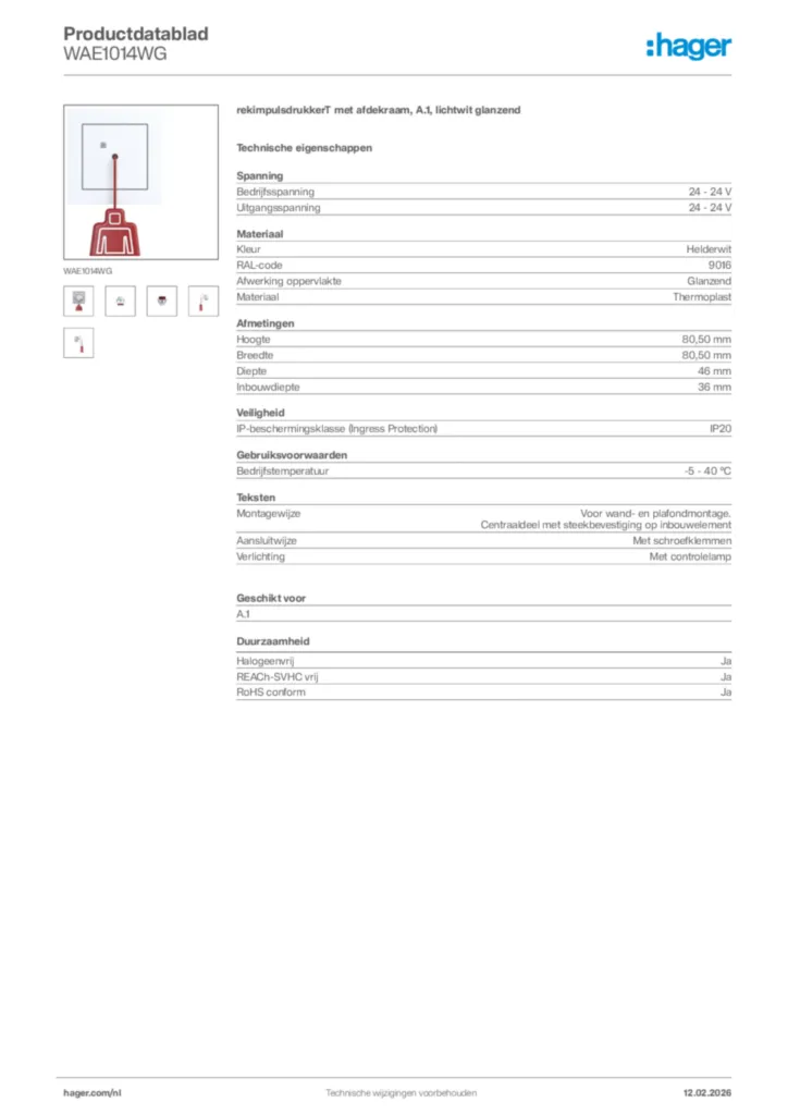 Afbeelding Hager Productdatablad WAE1014WG | Hager Nederland