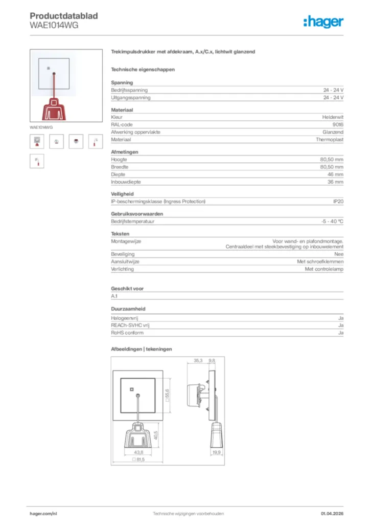 Afbeelding Hager Productdatablad WAE1014WG | Hager Nederland