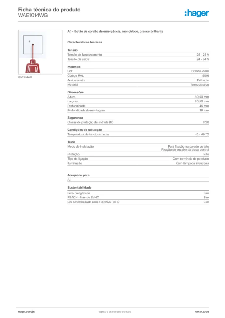 Imagem Hager Ficha técnica do produto WAE1014WG | Hager Portugal