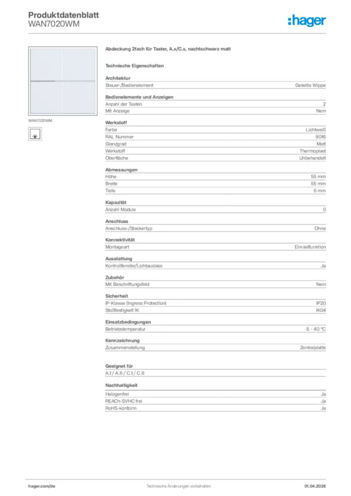 Bild Hager Produktdatenblatt WAN7020WM | Hager Deutschland