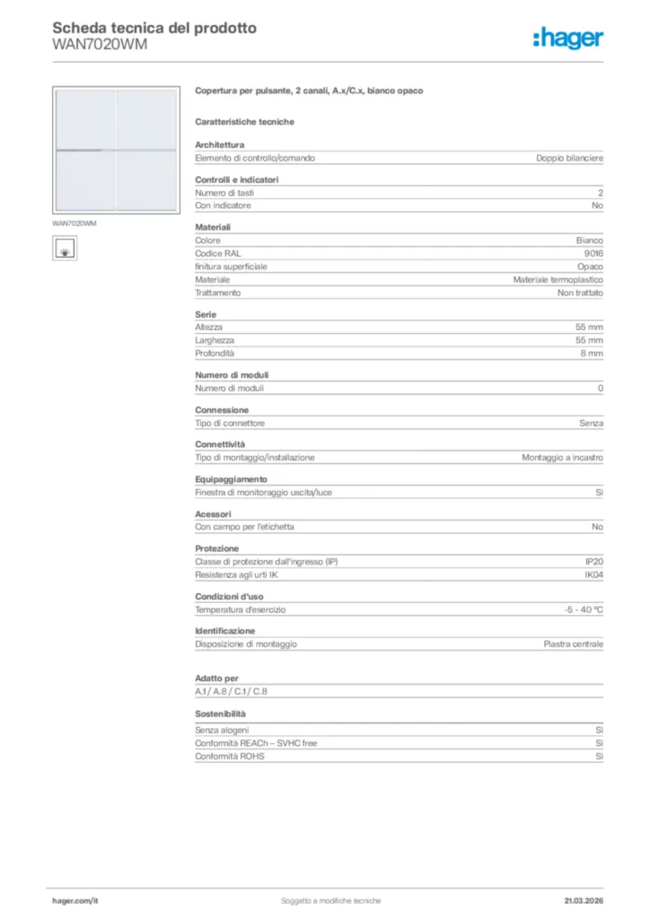 Immagine Hager Scheda tecnica del prodotto WAN7020WM | Hager Italia