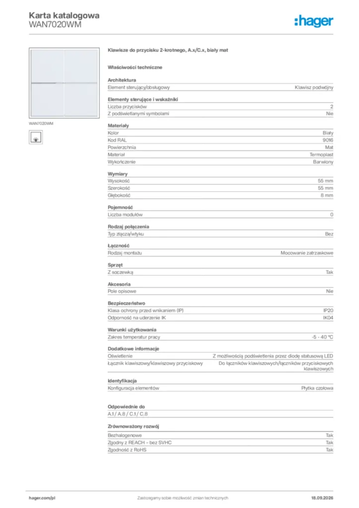 Zdjęcie Hager Karta katalogowa WAN7020WM | Hager Polska